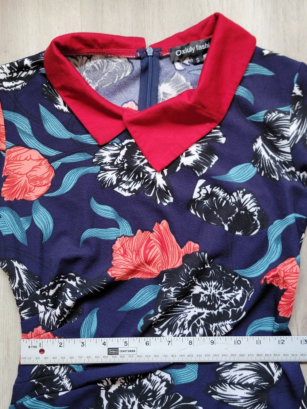 Oxiuly Fashion Floral Midi Bodycon Dress with Red Peter Pan Collar - Size S - Picture 4 of 11